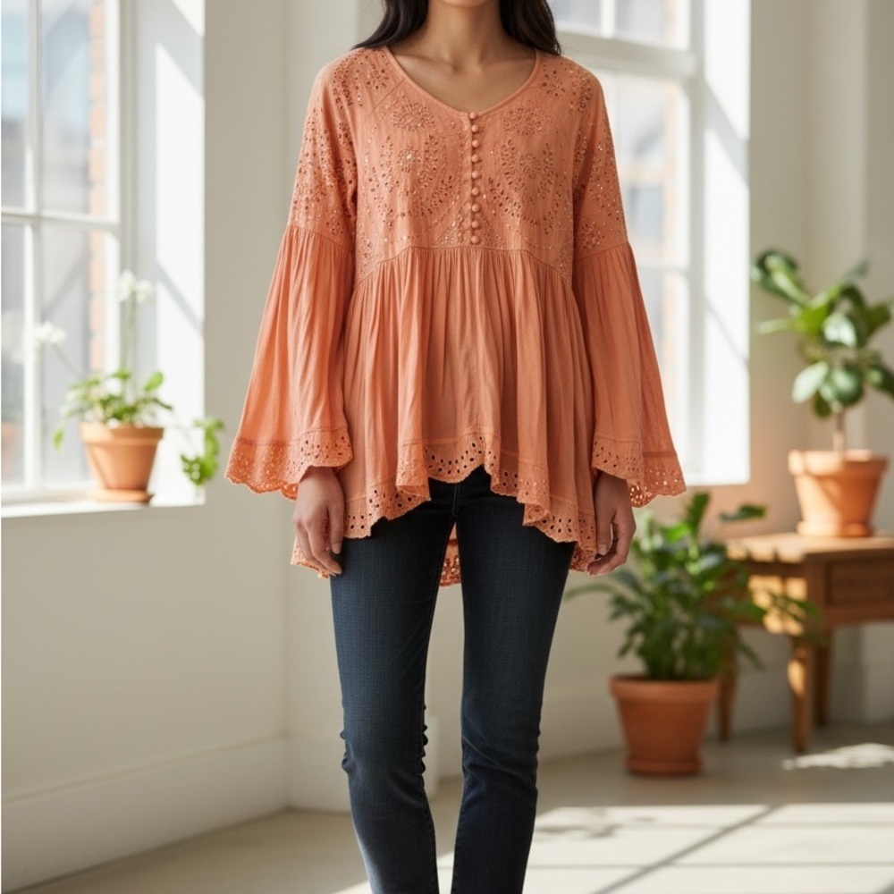 Free People Apricot Eyelet Tunic